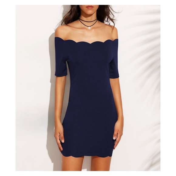 Blue Off the Shoulder Scallop Bodycon Dress - Picture 3 of 4
